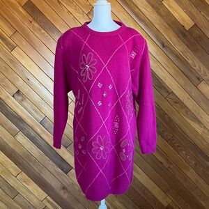 Vintage 80s Pink Lambswool and Beaded Sweater Dress